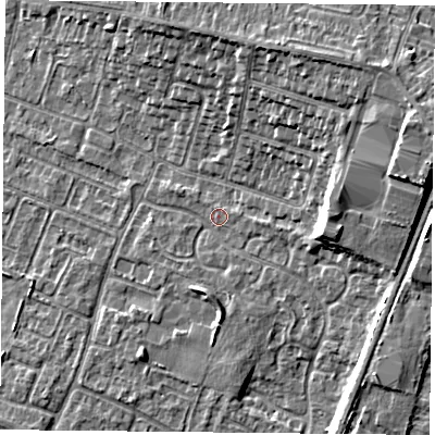 Shaded relief map of the ground around LE47TR, computed from Environment Agency LiDAR. The ground here sits at about 54 m above sea level and falls 12 m across the surrounding 800 m. Surface water reaching this point runs off ground lying to the east, 1.4 m higher.