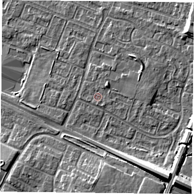 Shaded relief map of the ground around LE47WA, computed from Environment Agency LiDAR. The ground here sits at about 53 m above sea level and falls 14 m across the surrounding 800 m. Surface water reaching this point runs off ground lying to the north-east, 1.9 m higher.