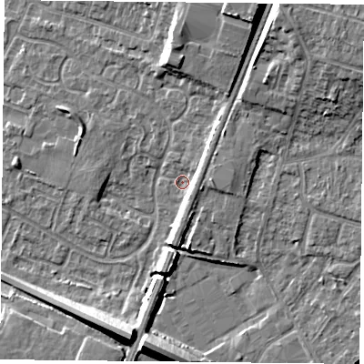 Shaded relief map of the ground around LE47WB, computed from Environment Agency LiDAR. The ground here sits at about 54 m above sea level and falls 12 m across the surrounding 800 m. Surface water reaching this point runs off ground lying to the east, 4.3 m higher.