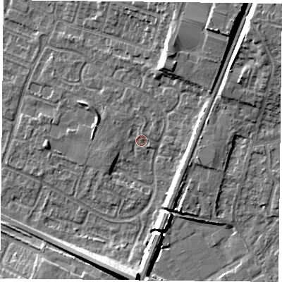 Shaded relief map of the ground around LE47WD, computed from Environment Agency LiDAR. The ground here sits at about 54 m above sea level and falls 12 m across the surrounding 800 m. Surface water reaching this point runs off ground lying to the north, 1.1 m higher.