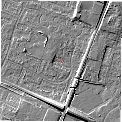 Shaded relief map of the ground around LE47WG, computed from Environment Agency LiDAR. The ground here sits at about 53 m above sea level and falls 12 m across the surrounding 800 m. Surface water reaching this point runs off ground lying to the west-north-west, 2.4 m higher.