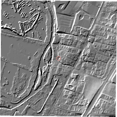 Shaded relief map of the ground around LE48AF, computed from Environment Agency LiDAR. The ground here sits at about 49 m above sea level and falls 16 m across the surrounding 800 m. Surface water reaching this point runs off ground lying to the south-east, 14.5 m higher.