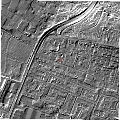 Shaded relief map of the ground around LE48AG, computed from Environment Agency LiDAR. The ground here sits at about 52 m above sea level and falls 11 m across the surrounding 800 m. Surface water reaching this point runs off ground lying to the north-east, 9.4 m higher.