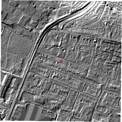Shaded relief map of the ground around LE48AH, computed from Environment Agency LiDAR. The ground here sits at about 51 m above sea level and falls 12 m across the surrounding 800 m. Surface water reaching this point runs off ground lying to the east-north-east, 9.0 m higher.