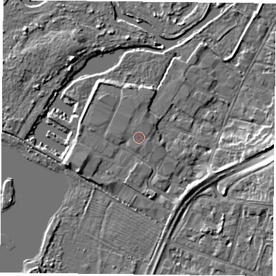 Shaded relief map of the ground around LE48AS, computed from Environment Agency LiDAR. The ground here sits at about 51 m above sea level and falls 8 m across the surrounding 800 m. The ground contributing surface water to this point lies to the north-east.