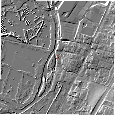 Shaded relief map of the ground around LE48AX, computed from Environment Agency LiDAR. The ground here sits at about 50 m above sea level and falls 16 m across the surrounding 800 m. Surface water reaching this point runs off ground lying to the south-east, 14.2 m higher.