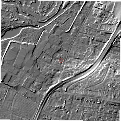 Shaded relief map of the ground around LE48BB, computed from Environment Agency LiDAR. The ground here sits at about 50 m above sea level and falls 13 m across the surrounding 800 m. Surface water reaching this point runs off ground lying to the west-south-west, 0.9 m higher.