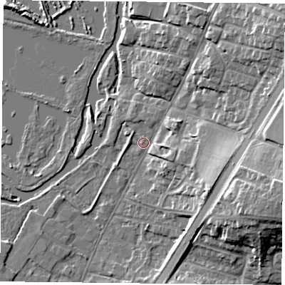 Shaded relief map of the ground around LE48BD, computed from Environment Agency LiDAR. The ground here sits at about 50 m above sea level and falls 16 m across the surrounding 800 m. Surface water reaching this point runs off ground lying to the east-south-east, 4.9 m higher.