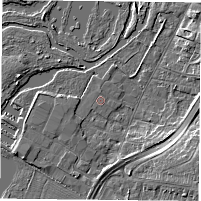 Shaded relief map of the ground around LE48BL, computed from Environment Agency LiDAR. The ground here sits at about 50 m above sea level and falls 12 m across the surrounding 800 m. Surface water reaching this point runs off ground lying to the north, 0.5 m higher.
