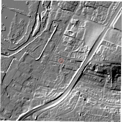 Shaded relief map of the ground around LE48DA, computed from Environment Agency LiDAR. The ground here sits at about 50 m above sea level and falls 16 m across the surrounding 800 m. Surface water reaching this point runs off ground lying to the east, 5.5 m higher.