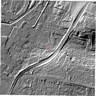 Shaded relief map of the ground around LE48DP, computed from Environment Agency LiDAR. The ground here sits at about 51 m above sea level and falls 16 m across the surrounding 800 m. Surface water reaching this point runs off ground lying to the south, 3.2 m higher.