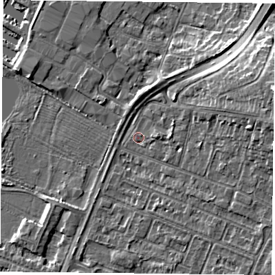 Shaded relief map of the ground around LE48EA, computed from Environment Agency LiDAR. The ground here sits at about 51 m above sea level and falls 12 m across the surrounding 800 m. Surface water reaching this point runs off ground lying to the east-north-east, 10.3 m higher.