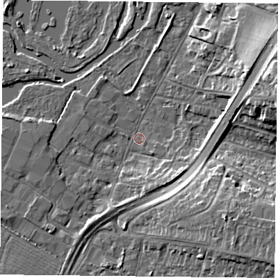 Shaded relief map of the ground around LE48EB, computed from Environment Agency LiDAR. The ground here sits at about 50 m above sea level and falls 14 m across the surrounding 800 m. Surface water reaching this point runs off ground lying to the south-south-east, 4.9 m higher.