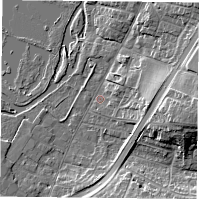 Shaded relief map of the ground around LE48ED, computed from Environment Agency LiDAR. The ground here sits at about 49 m above sea level and falls 16 m across the surrounding 800 m. Surface water reaching this point runs off ground lying to the east, 8.8 m higher.