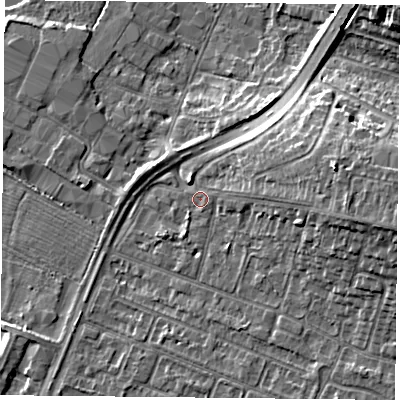 Shaded relief map of the ground around LE48HJ, computed from Environment Agency LiDAR. The ground here sits at about 52 m above sea level and falls 12 m across the surrounding 800 m. Surface water reaching this point runs off ground lying to the south-south-west, 1.0 m higher.