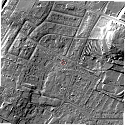 Shaded relief map of the ground around LE49BH, computed from Environment Agency LiDAR. The ground here sits at about 61 m above sea level and falls 20 m across the surrounding 800 m. Surface water reaching this point runs off ground lying to the east-north-east, 16.1 m higher.