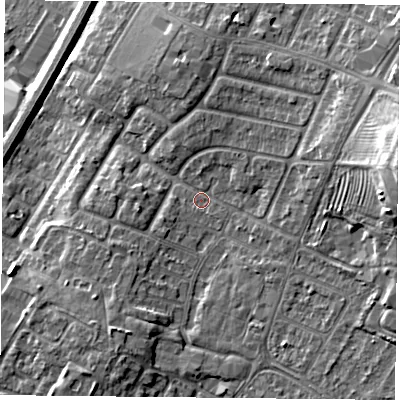 Shaded relief map of the ground around LE49BL, computed from Environment Agency LiDAR. The ground here sits at about 60 m above sea level and falls 16 m across the surrounding 800 m. Surface water reaching this point runs off ground lying to the east, 12.5 m higher.