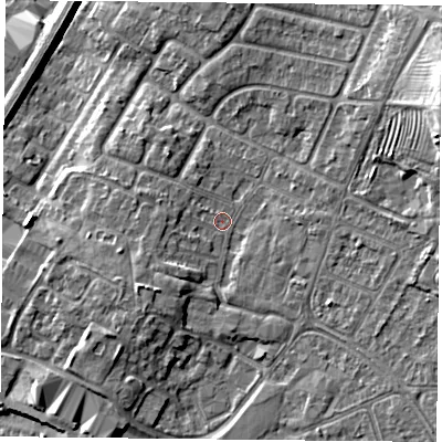 Shaded relief map of the ground around LE49DQ, computed from Environment Agency LiDAR. The ground here sits at about 60 m above sea level and falls 14 m across the surrounding 800 m. Surface water reaching this point runs off ground lying to the south-west, 4.5 m higher.