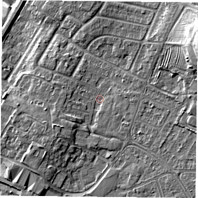 Shaded relief map of the ground around LE49DR, computed from Environment Agency LiDAR. The ground here sits at about 60 m above sea level and falls 17 m across the surrounding 800 m. Surface water reaching this point runs off ground lying to the west-south-west, 4.5 m higher.