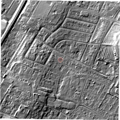 Shaded relief map of the ground around LE49DT, computed from Environment Agency LiDAR. The ground here sits at about 60 m above sea level and falls 16 m across the surrounding 800 m. Surface water reaching this point runs off ground lying to the east-north-east, 12.3 m higher.