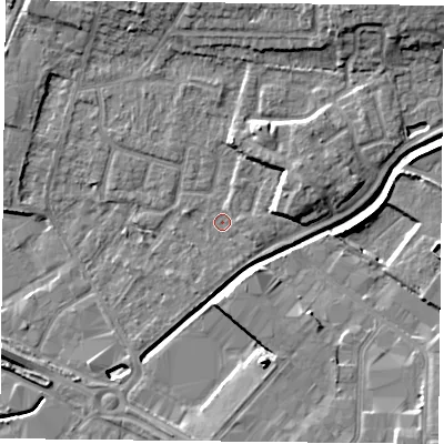 Shaded relief map of the ground around LE49FW, computed from Environment Agency LiDAR. The ground here sits at about 57 m above sea level and falls 11 m across the surrounding 800 m. Surface water reaching this point runs off ground lying to the east-north-east, 4.6 m higher.
