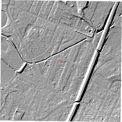 Shaded relief map of the ground around LE49GE, computed from Environment Agency LiDAR. The ground here sits at about 54 m above sea level and falls 10 m across the surrounding 800 m. Surface water reaching this point runs off ground lying to the south, 7.6 m higher.