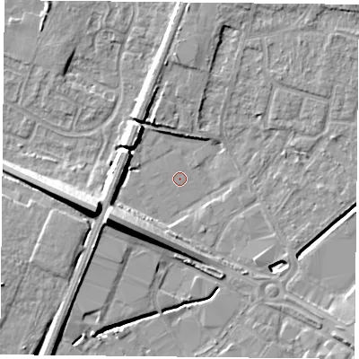 Shaded relief map of the ground around LE49HA, computed from Environment Agency LiDAR. The ground here sits at about 55 m above sea level and falls 12 m across the surrounding 800 m. Surface water reaching this point runs off ground lying to the west-south-west, 10.5 m higher.