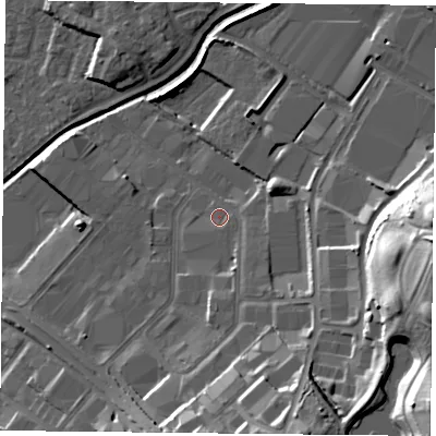 Shaded relief map of the ground around LE49HR, computed from Environment Agency LiDAR. The ground here sits at about 60 m above sea level and falls 28 m across the surrounding 800 m. Surface water reaching this point runs off ground lying to the south-south-east, 14.7 m higher.