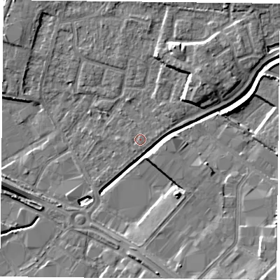 Shaded relief map of the ground around LE49JA, computed from Environment Agency LiDAR. The ground here sits at about 57 m above sea level and falls 11 m across the surrounding 800 m. Surface water reaching this point runs off ground lying to the south, 0.5 m higher.