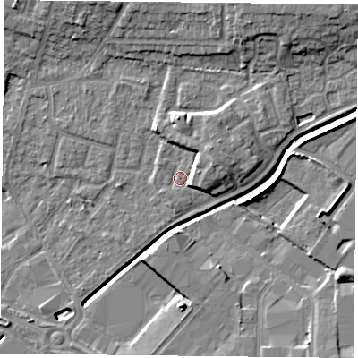Shaded relief map of the ground around LE49JH, computed from Environment Agency LiDAR. The ground here sits at about 58 m above sea level and falls 11 m across the surrounding 800 m. Surface water reaching this point runs off ground lying to the east-north-east, 4.2 m higher.