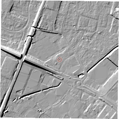 Shaded relief map of the ground around LE49JJ, computed from Environment Agency LiDAR. The ground here sits at about 55 m above sea level and falls 12 m across the surrounding 800 m. Surface water reaching this point runs off ground lying to the east-north-east, 0.7 m higher.