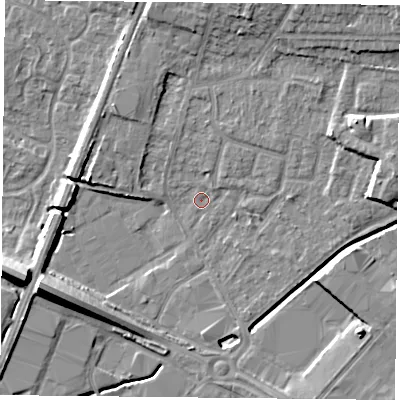 Shaded relief map of the ground around LE49JP, computed from Environment Agency LiDAR. The ground here sits at about 56 m above sea level and falls 12 m across the surrounding 800 m. Surface water reaching this point runs off ground lying to the north-east, 7.8 m higher.