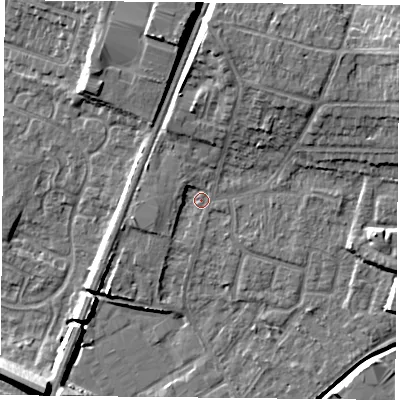 Shaded relief map of the ground around LE49JR, computed from Environment Agency LiDAR. The ground here sits at about 57 m above sea level and falls 12 m across the surrounding 800 m. Surface water reaching this point runs off ground lying to the north-west, 1.9 m higher.