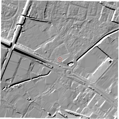 Shaded relief map of the ground around LE49LA, computed from Environment Agency LiDAR. The ground here sits at about 56 m above sea level and falls 13 m across the surrounding 800 m. Surface water reaching this point runs off ground lying to the east-south-east, 1.2 m higher.