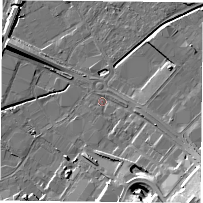 Shaded relief map of the ground around LE49LE, computed from Environment Agency LiDAR. The ground here sits at about 57 m above sea level and falls 24 m across the surrounding 800 m. Surface water reaching this point runs off ground lying to the east-south-east, 7.4 m higher.