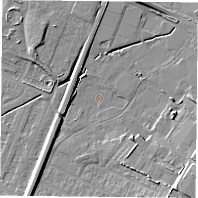 Shaded relief map of the ground around LE49LF, computed from Environment Agency LiDAR. The ground here sits at about 55 m above sea level and falls 13 m across the surrounding 800 m. Surface water reaching this point runs off ground lying to the south-east, 11.4 m higher.