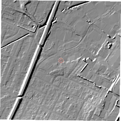 Shaded relief map of the ground around LE49LG, computed from Environment Agency LiDAR. The ground here sits at about 55 m above sea level and falls 21 m across the surrounding 800 m. Surface water reaching this point runs off ground lying to the east-south-east, 2.4 m higher.