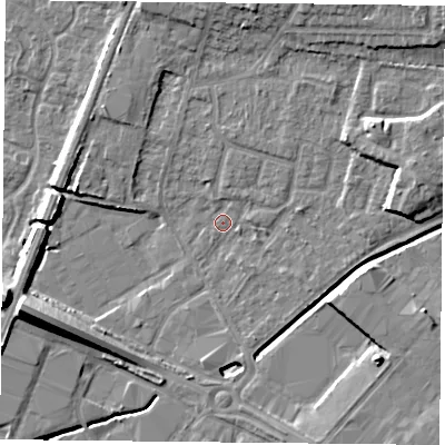 Shaded relief map of the ground around LE49LT, computed from Environment Agency LiDAR. The ground here sits at about 56 m above sea level and falls 12 m across the surrounding 800 m. Surface water reaching this point runs off ground lying to the north-east, 8.1 m higher.