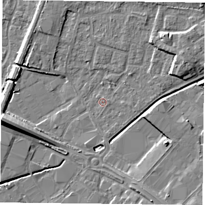 Shaded relief map of the ground around LE49LY, computed from Environment Agency LiDAR. The ground here sits at about 56 m above sea level and falls 12 m across the surrounding 800 m. Surface water reaching this point runs off ground lying to the east-north-east, 6.0 m higher.