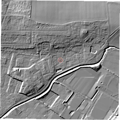 Shaded relief map of the ground around LE49WZ, computed from Environment Agency LiDAR. The ground here sits at about 60 m above sea level and falls 15 m across the surrounding 800 m. Surface water reaching this point runs off ground lying to the north-east, 6.6 m higher.