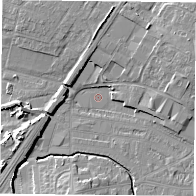 Shaded relief map of the ground around LE50BT, computed from Environment Agency LiDAR. The ground here sits at about 57 m above sea level and falls 14 m across the surrounding 800 m. Surface water reaching this point runs off ground lying to the east, 6.7 m higher.