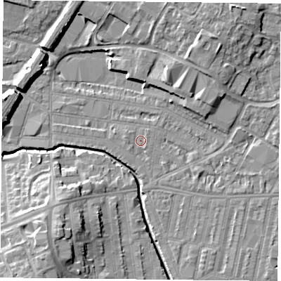 Shaded relief map of the ground around LE50DE, computed from Environment Agency LiDAR. The ground here sits at about 58 m above sea level and falls 13 m across the surrounding 800 m. Surface water reaching this point runs off ground lying to the south-east, 1.7 m higher.