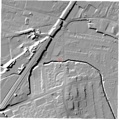 Shaded relief map of the ground around LE50DF, computed from Environment Agency LiDAR. The ground here sits at about 58 m above sea level and falls 17 m across the surrounding 800 m. Surface water reaching this point runs off ground lying to the south, 12.9 m higher.