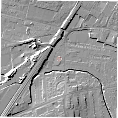 Shaded relief map of the ground around LE50DG, computed from Environment Agency LiDAR. The ground here sits at about 57 m above sea level and falls 17 m across the surrounding 800 m. Surface water reaching this point runs off ground lying to the east-south-east, 2.3 m higher.