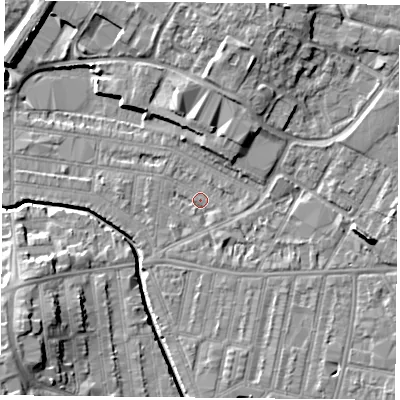 Shaded relief map of the ground around LE50DL, computed from Environment Agency LiDAR. The ground here sits at about 59 m above sea level and falls 12 m across the surrounding 800 m. Surface water reaching this point runs off ground lying to the east-south-east, 6.8 m higher.