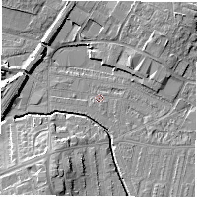 Shaded relief map of the ground around LE50DN, computed from Environment Agency LiDAR. The ground here sits at about 58 m above sea level and falls 13 m across the surrounding 800 m. Surface water reaching this point runs off ground lying to the south-east, 2.0 m higher.