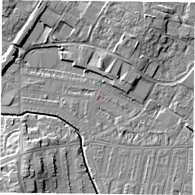Shaded relief map of the ground around LE50DP, computed from Environment Agency LiDAR. The ground here sits at about 59 m above sea level and falls 12 m across the surrounding 800 m. Surface water reaching this point runs off ground lying to the east-south-east, 6.8 m higher.