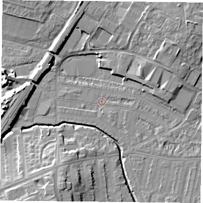 Shaded relief map of the ground around LE50DQ, computed from Environment Agency LiDAR. The ground here sits at about 58 m above sea level and falls 14 m across the surrounding 800 m. Surface water reaching this point runs off ground lying to the south-east, 2.1 m higher.