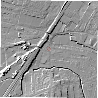 Shaded relief map of the ground around LE50DT, computed from Environment Agency LiDAR. The ground here sits at about 57 m above sea level and falls 16 m across the surrounding 800 m. Surface water reaching this point runs off ground lying to the north-east, 7.2 m higher.