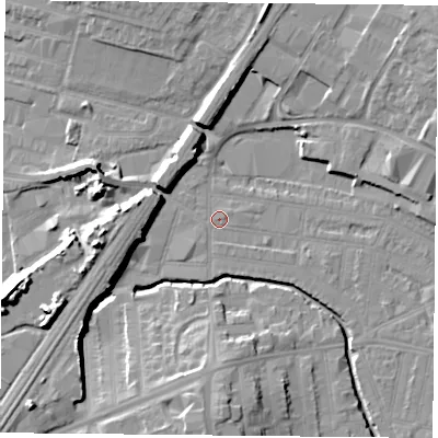 Shaded relief map of the ground around LE50DW, computed from Environment Agency LiDAR. The ground here sits at about 58 m above sea level and falls 16 m across the surrounding 800 m. Surface water reaching this point runs off ground lying to the east-south-east, 2.2 m higher.